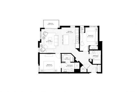Floor plan for 2 beds, 2 baths, 1064 sqft